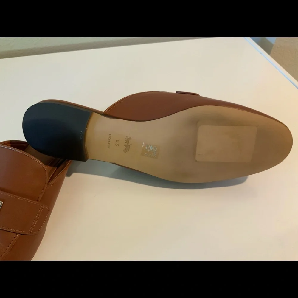 Coach Brown Leather Backless Loafers with Silver Plaque - Picture 5 of 7